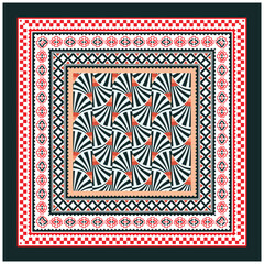An intricate geometric pattern with swirling black and white shapes, bordered by vibrant red and blue decorative lines.