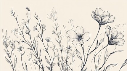 Luxury botanical sketch, minimalist floral line art, sophisticated wedding invitation design, elegant scattered wildflowers, refined hand-drawn elements, graceful organic composition, subtle natural