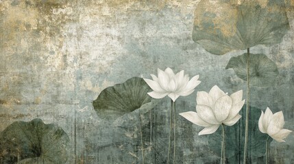 Historical floral wallpaper, undulating striped background, botanical damask illustration, weathered geometric pattern, flowing leaf motifs, antique decorative style, elegant repeating design,