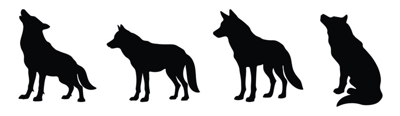 Wolf on white background. Collection of wolf silhouettes in various forms. Side view and full body of wolf for design. Vector illustration.