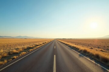Fototapeta premium Asphalt ribbon unwinding towards a distant horizon under a serene, sun-kissed sky, flanked by golden, sun-baked grasslands.