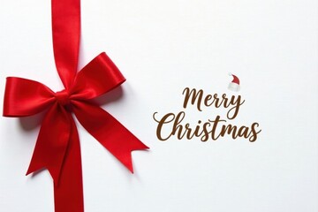 A Festive Red Ribbon Bow on White Background with Merry Christmas Greeting
