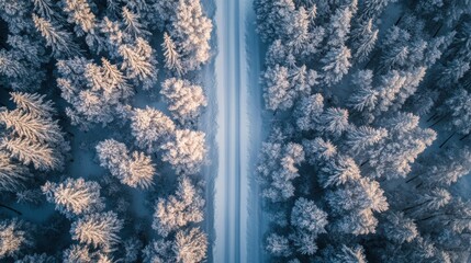 aerial view of snowy road through winter forest
