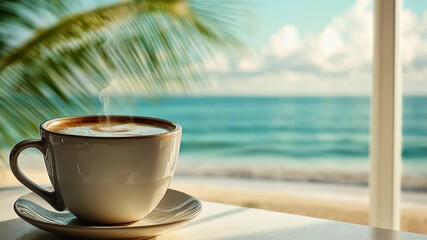 Enjoying a warm coffee while gazing at the serene beach view in a summer cafe, Coffee cup by window in beachside summer cafe with tropical vibes ing