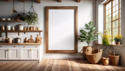 Farmhouse Style Kitchen Interior with Mockup Poster Frame in Warm and Inviting 3D Rendered Scene, Evoking a Cozy, Hygge Aesthetic at Dusk.