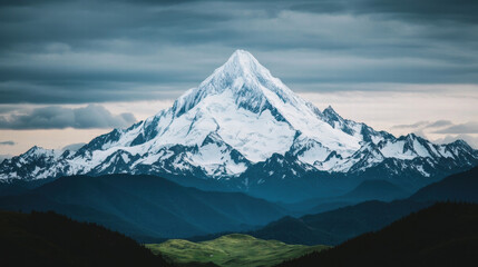 A majestic snow-capped mountain rises against a dramatic cloudy sky, surrounded by lush green landscapes, creating a stunning natural scene.