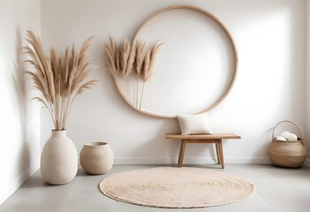 Obraz premium Serene interior scene with pampas grass and circular wooden frame