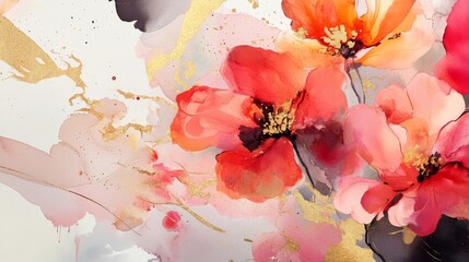 Luxury floral watercolor, metallic ink splatters, abstract botanical motifs, elegant paint texture, fluid golden elements, modern artistic composition, refined splash patterns, sophisticated