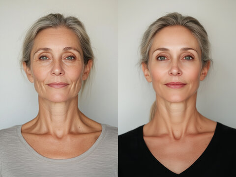 before and after of 50 - 60 year old woman face with wrinkles, facelift and cosmetic treatment looking younger	
