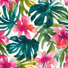 Tropical floral pattern, loose watercolor monstera leaves, coral pink blooms, teal green foliage, spontaneous brush strokes, organic flowing design, fresh summer palette, abstract botanical elements,