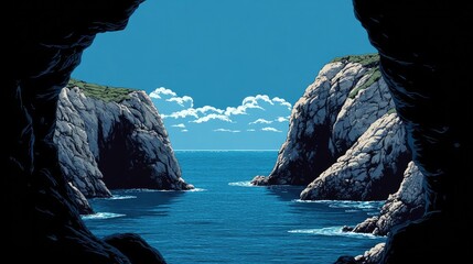 Coastal cave, ocean view, serene landscape. Possible stock photo use