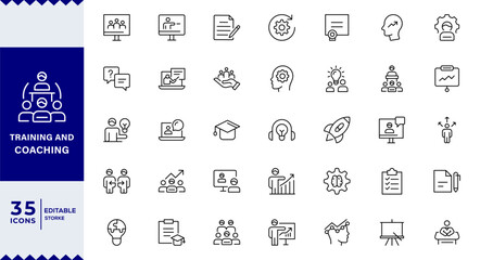 Training and Coaching Line Editable Icons set. Vector illustration in modern thin line style of education related icons:  coaching, mentoring, education,Outline icon collection. Editable stroke.