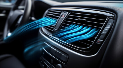 Cool air flowing from car air conditioning vent. Close-up of vehicle interior ventilation system. Automobile climate control and HVAC circulation concept
