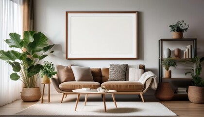 Mock up poster frame in a stylish living room interior with contemporary decor and warm, inviting ambiance, set against a modern backdrop of lush greenery and urban architecture.