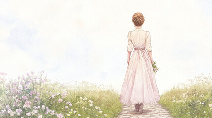 Fototapeta premium A Woman in a Pastel Dress Walking Through a Flower-Filled Field