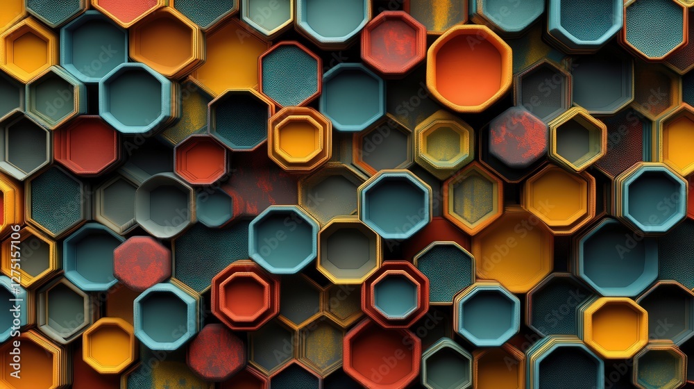 Poster hexagonal pattern with interconnected circles, showcasing the vast reach and complexity of human rel