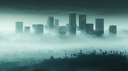 Foggy skyline of a city at dawn, with towering buildings emerging from misty surroundings