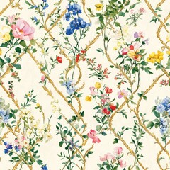 European garden pattern, intricate floral lattice, watercolor botanical motif, delicate wildflower arrangement, ornamental golden framework, natural color palette, detailed plant studies, seamless