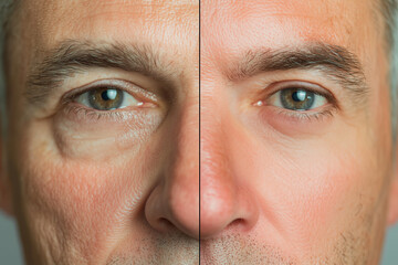 before and after of 50s man face with wrinkles, eye bags, cosmetic procedure and treatment looking younger