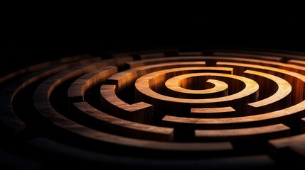 Fototapeta premium Cognitive decline concept. Intricate wooden labyrinth with glowing spiral pattern against a dark background.