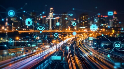 Obraz premium Connected Cityscape at Night with Data Network and Light Trails, showcasing a modern digital era