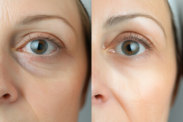 before and after woman's eye area face with eye bags and dark circles, and cosmetic laser treatment looking younger	
