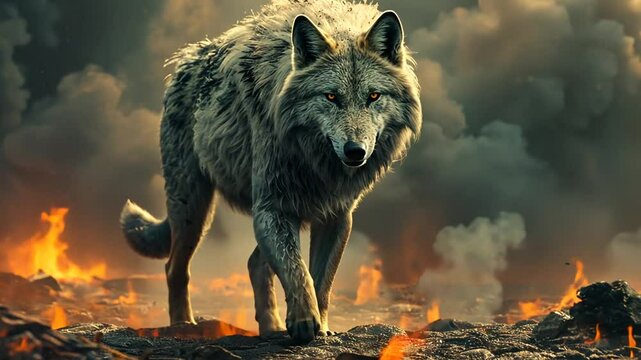 Majestic wolf walking through a fiery landscape, showcasing resilience amidst chaos