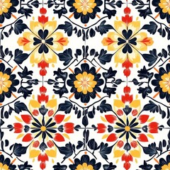Traditional quilt pattern, geometric floral arrangement, repeating fabric design, folk art textile motif, detailed patchwork illustration, seamless block composition