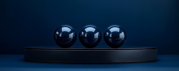 A captivating composition featuring three glossy spheres arranged on a simple circular platform against a deep blue background, evoking a sense of elegance and minimalism.