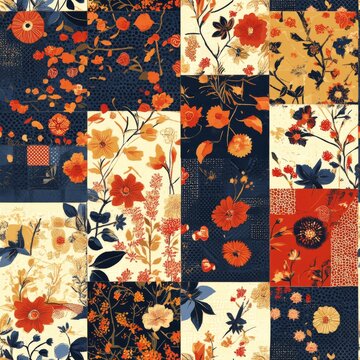 Folk craft patchwork motif, floral textile design, handmade quilt aesthetic, geometric pattern blocks, decorative fabric illustration, harmonious repeating layout