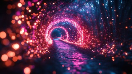 Magical glowing tunnel, vibrant light path, mystical forest backdrop, use for wallpaper, posters, or screensavers