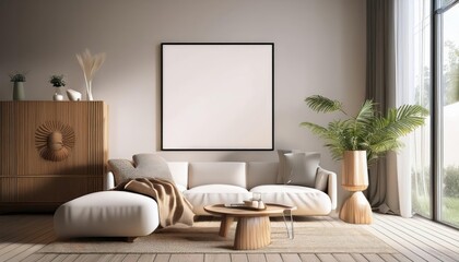 Modern Scandinavian 3D Mockup Poster Frame in a Cozy Living Room Interior with Minimalist Design, Radiating Cool and Calm Aura