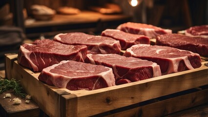 Fototapeta premium A wooden tray filled with various cuts of fresh meat,