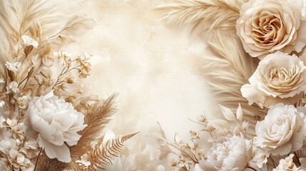Premium lifestyle photography banner with artistically arranged neutral-toned dried botanicals, featuring feathery beige pampas grass stems, delicate brown fern fronds, luxurious white garden roses
