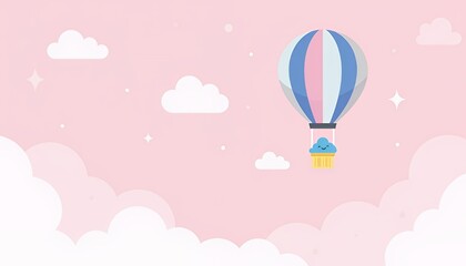 Pastel Pink Sky Whimsical Hot Air Balloon Pixel Art Illustration