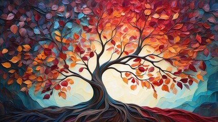 a tree with colorful leaves on a white background with the words