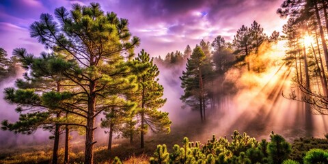 Obraz premium Rule of thirds captures a foggy coniferous forest, misty, enchanting, and deeply wooded.