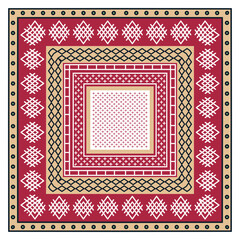 A geometric pattern featuring concentric squares in red, beige, and white, with intricate designs and borders.
