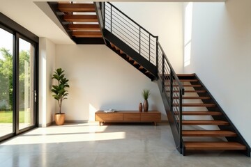 Modern interior design showcasing a sleek wooden staircase with metal railing and minimalist furniture