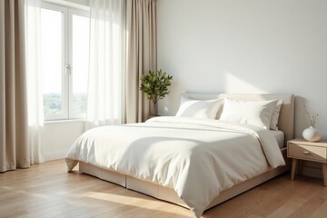 Serene Bedroom Interior Design Sunlit King-Sized Bed with Crisp White Linens and Neutral Decor