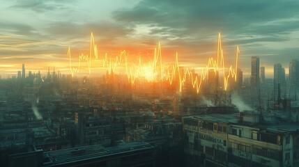 Obraz premium holographic heartbeat monitor surges erratically over a cityscape, the panicked movements of traders below captured in its spikes.