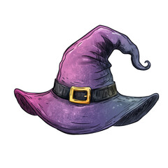 A charming witch hat in deep violet with subtle gradients, a playful curved tip, and a black band with a golden buckle, transparent background, PNG