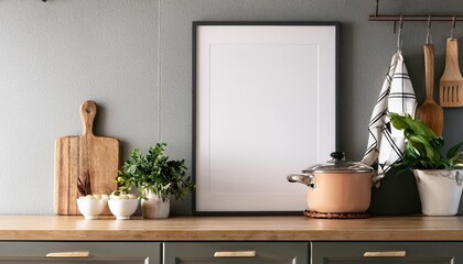 Stylish Modern Kitchen Scene Scandinavian Style 3D Render showcases Minimalistic Elegance and Warmth in a Cozy Kitchen Interior at Twilight.