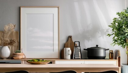 3D Modern Scandinavian Kitchen Mockup in Minimalist Interior, Depicting a Stunning Kitchen Space with Clean Lines and Natural Elements, Illuminated by Soft Daylight in a Cool Color Palette,
