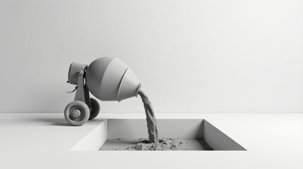 Naklejka premium A cement mixer pours gray concrete into a recessed square foundation during a construction project