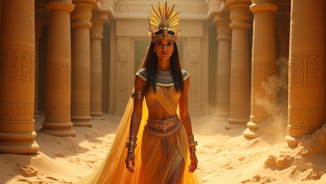 Egyptian goddess standing tall in an ancient, ornately decorated temple and swirling 