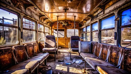 Fototapeta premium Rusty relic of forgotten journeys, this derelict bus's interior speaks of urban decay, grunge photography capturing its post-apocalyptic aura.