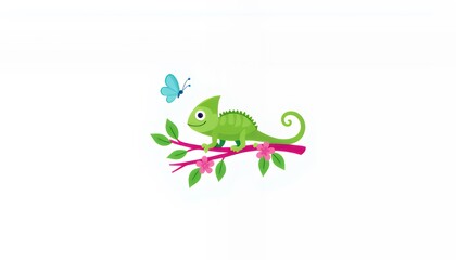 Obraz premium Playful Pastel Green Chameleon on Pink Branch with Butterfly and Flowers