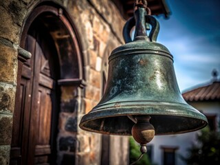 Rusty, vintage church bells, hanging in an old tower, their weathered surfaces telling stories, photographed beautifully.