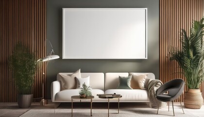Stunning Modern Living Room Interior Design 3D Render of a Sleek Poster Frame in Contemporary Style Set against a Glimmering Backdrop, Ideal for Digital Art and Home Decor.